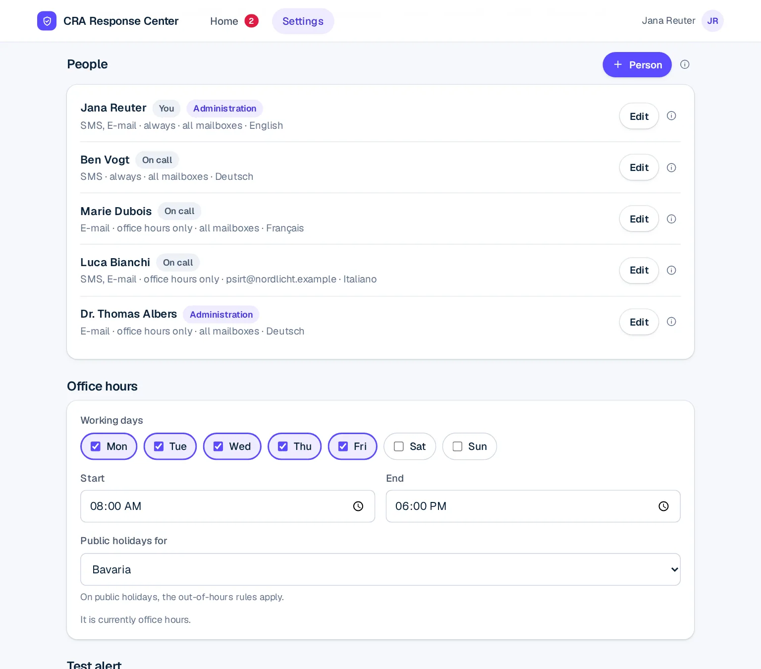 People in the settings: five entries with the role Administration or On call, channels (SMS, e-mail), availability (always or office hours only), assigned mailboxes and language, each with an Edit button.
